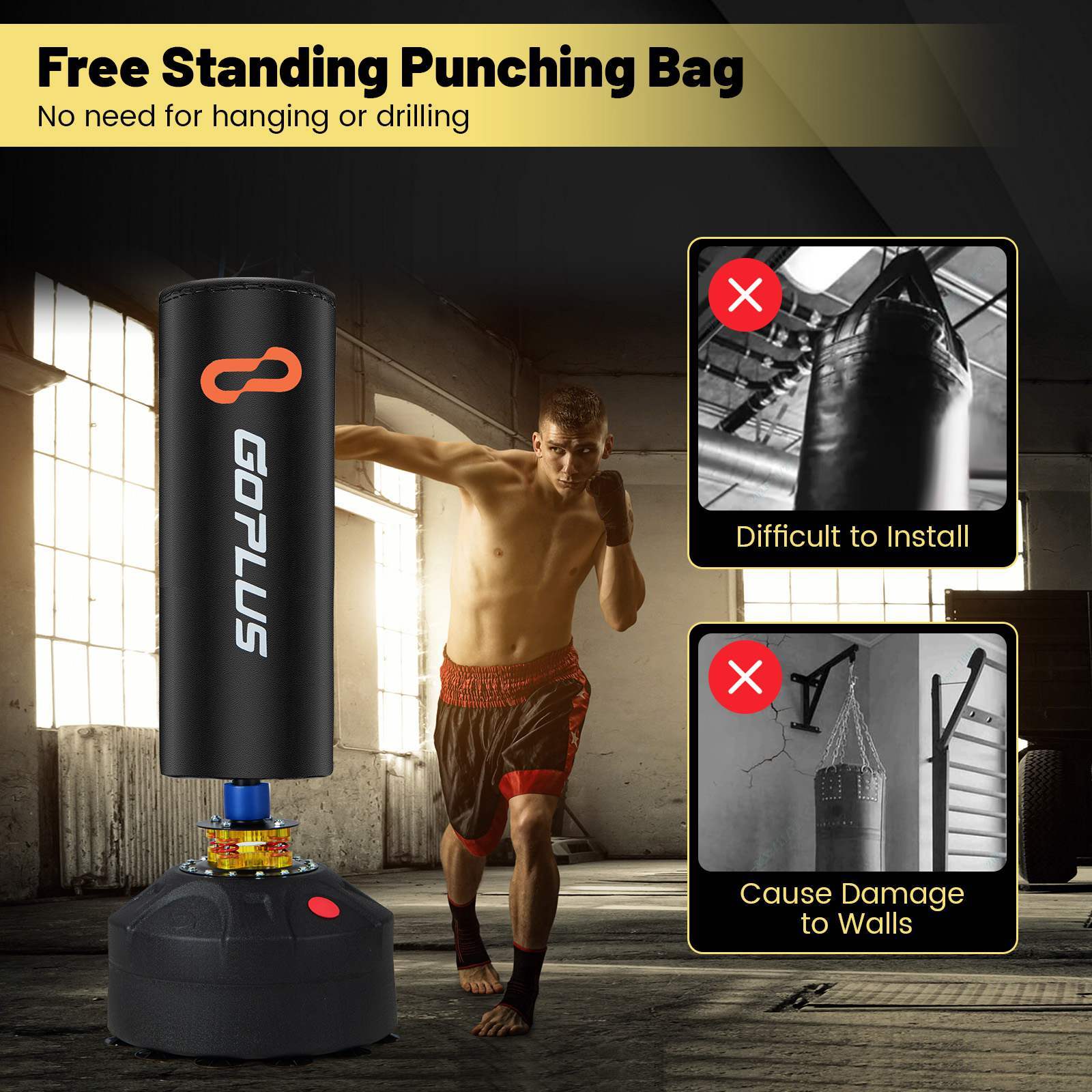 Free Standing Punching Boxing Bag - Heavy Duty Sandbag w/ Boxing Gloves(Black)-2