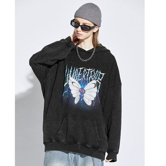 Men Hip Hop Hoodie Sweatshirt Lightning Butterfly Streetwear Hoodie Retro Vintage Washed Black Hooded Pullover Harajuku