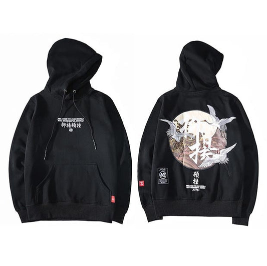 Men Hip Hop Hoodie Sweatshirt Embroidery Crane Harajuku Streetwear Hoodie Fleece  Autumn Cotton Hooded Pullover Oversized