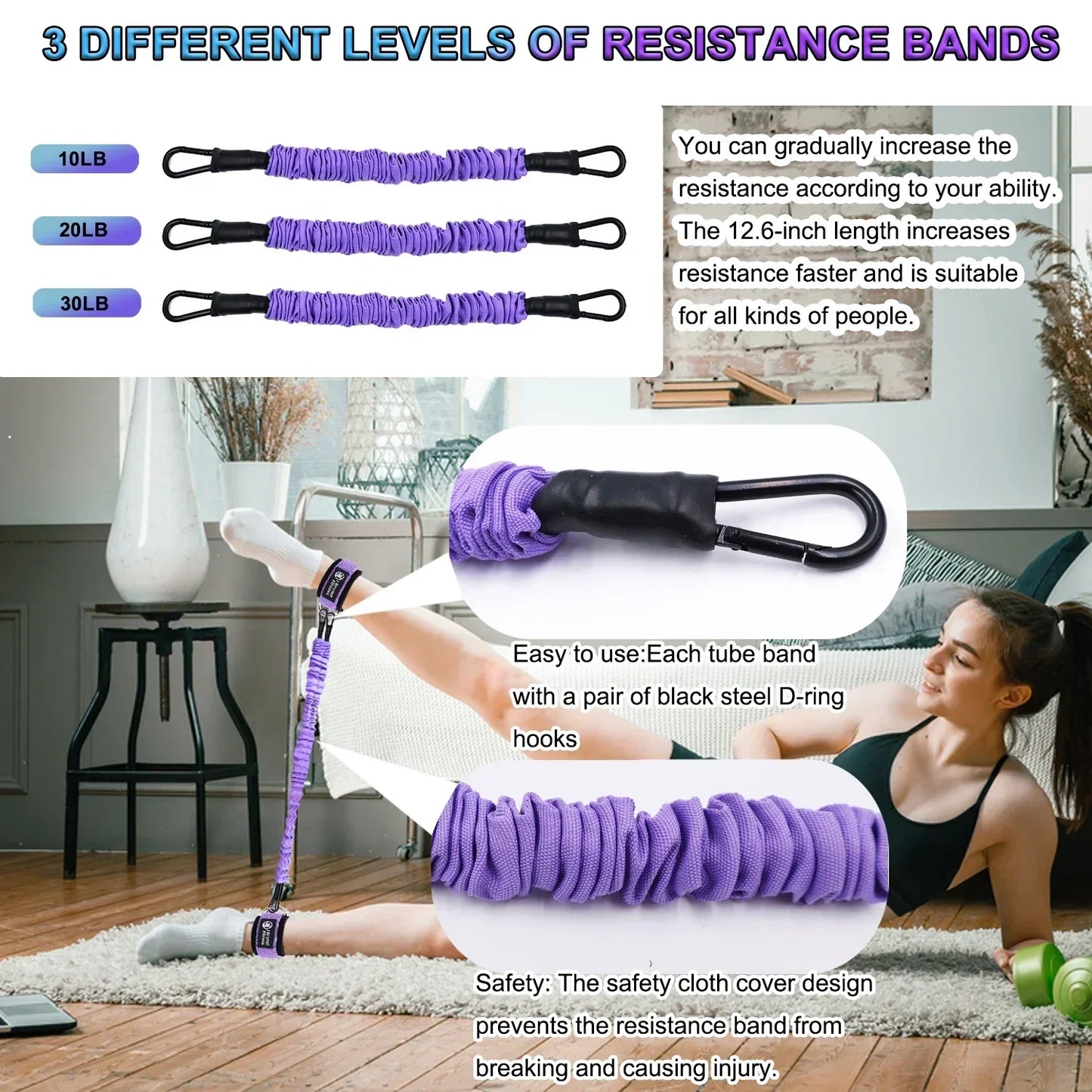 Leg & Glute Ankle Resistance Bands with Cuffs - 60LB Set of 3-3