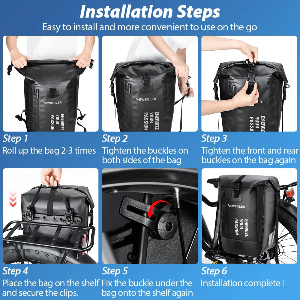 27L Waterproof Bike Pannier Bag with Roll-Top Closure Black-3