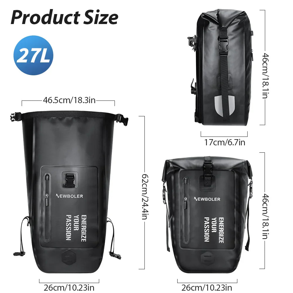 27L Waterproof Bike Pannier Bag with Roll-Top Closure Black-2