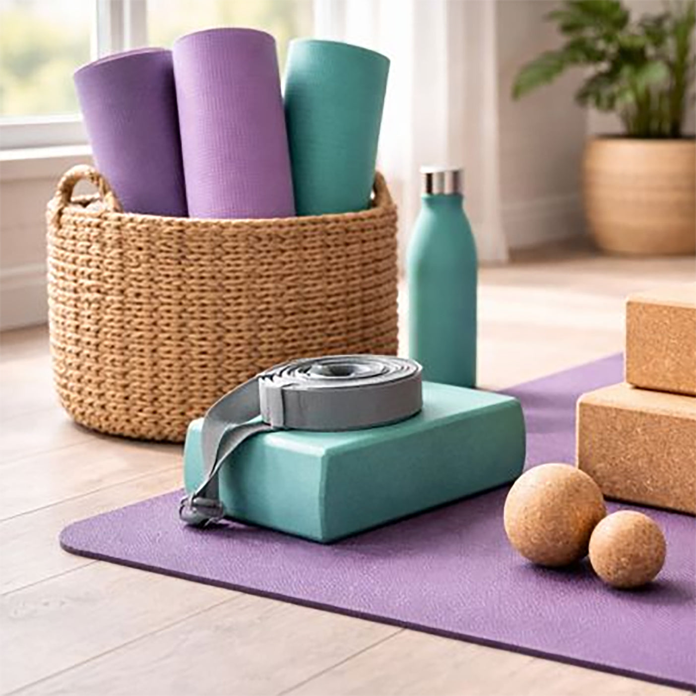 Yoga collectie met yogamatten en accessoires voor thuis en studio