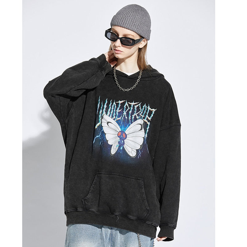 Men Hip Hop Hoodie Sweatshirt Lightning Butterfly Streetwear Hoodie Retro Vintage Washed Black Hooded Pullover Harajuku