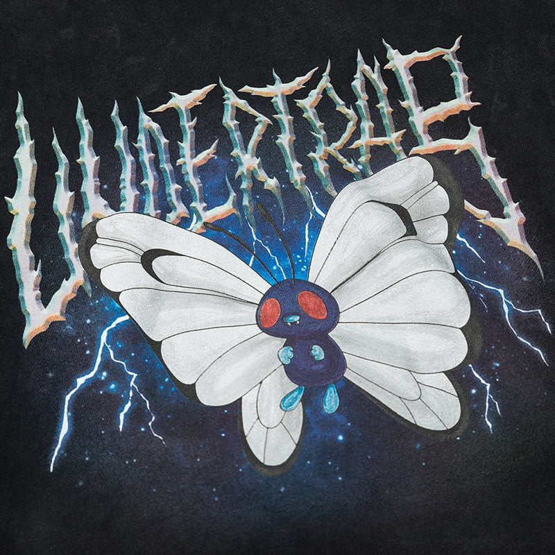 Men Hip Hop Hoodie Sweatshirt Lightning Butterfly Streetwear Hoodie Retro Vintage Washed Black Hooded Pullover Harajuku