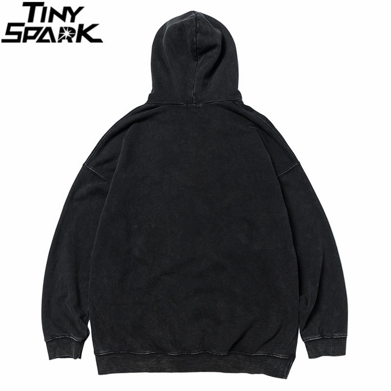 Men Hip Hop Hoodie Sweatshirt Lightning Butterfly Streetwear Hoodie Retro Vintage Washed Black Hooded Pullover Harajuku