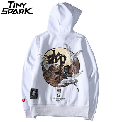 Men Hip Hop Hoodie Sweatshirt Embroidery Crane Harajuku Streetwear Hoodie Fleece  Autumn Cotton Hooded Pullover Oversized