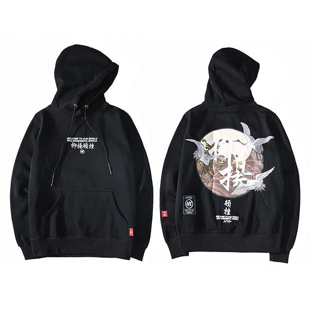 Men Hip Hop Hoodie Sweatshirt Embroidery Crane Harajuku Streetwear Hoodie Fleece  Autumn Cotton Hooded Pullover Oversized