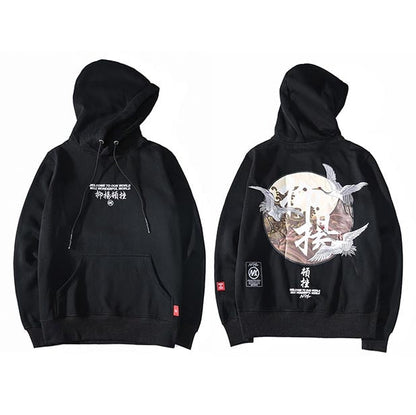 Men Hip Hop Hoodie Sweatshirt Embroidery Crane Harajuku Streetwear Hoodie Fleece  Autumn Cotton Hooded Pullover Oversized