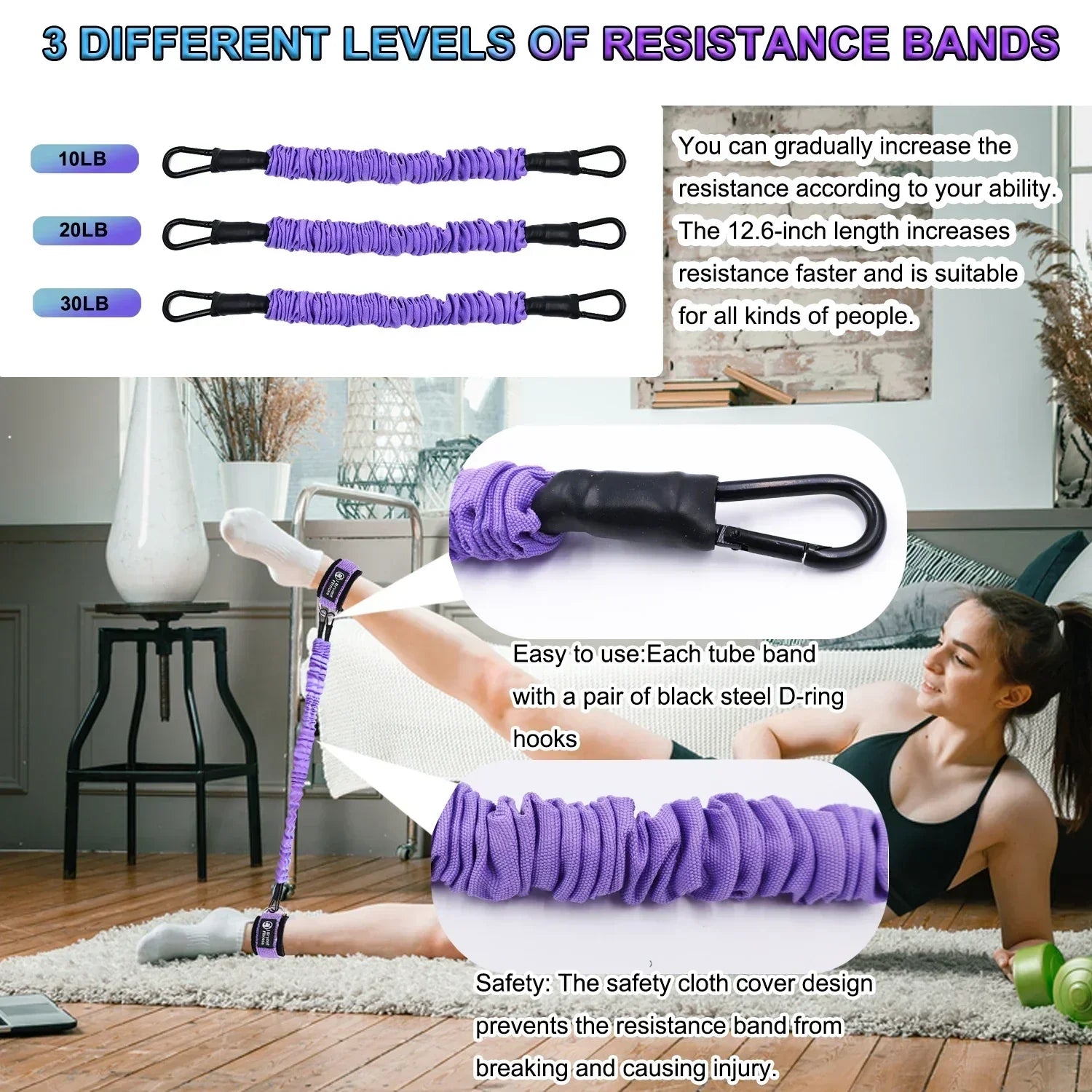 Leg & Glute Ankle Resistance Bands with Cuffs - 60LB Set of 3-3