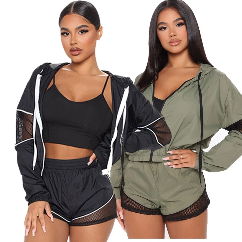 Autumn Sheer Mesh Patchwork Hooded Three Piece Set Women Sports Clothing Long Sleeve Zipper Jacket And Shorts Suit Running Set
