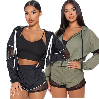Autumn Sheer Mesh Patchwork Hooded Three Piece Set Women Sports Clothing Long Sleeve Zipper Jacket And Shorts Suit Running Set
