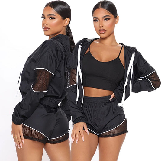 Autumn Sheer Mesh Patchwork Hooded Three Piece Set Women Sports Clothing Long Sleeve Zipper Jacket And Shorts Suit Running Set