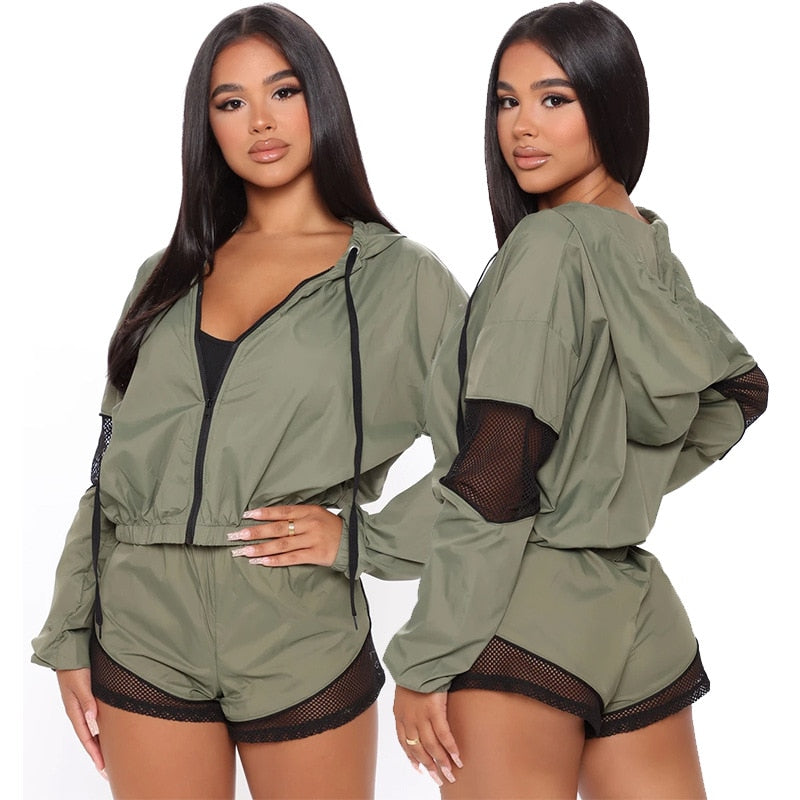 Autumn Sheer Mesh Patchwork Hooded Three Piece Set Women Sports Clothing Long Sleeve Zipper Jacket And Shorts Suit Running Set