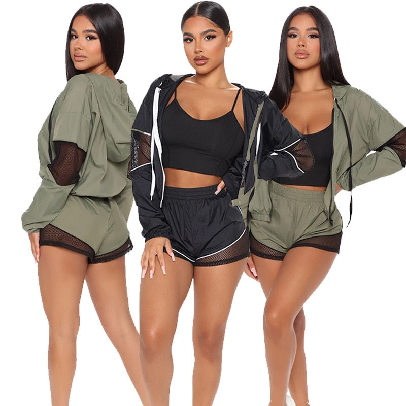 Autumn Sheer Mesh Patchwork Hooded Three Piece Set Women Sports Clothing Long Sleeve Zipper Jacket And Shorts Suit Running Set